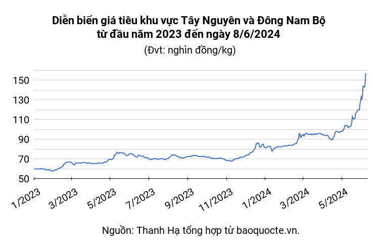 The pepper market on June 8 increased sharply, a new record approaching 160,000 VND/kg